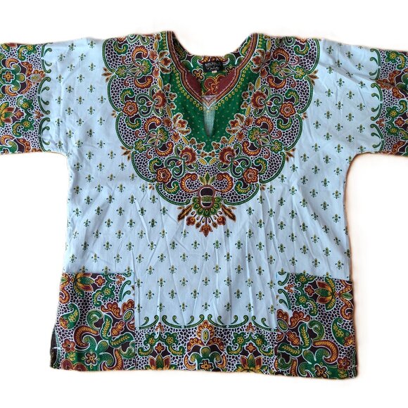Vintage Jamaican Dashiki Tunic Shirt Size Large Pockets Hippie Boho Blue - Picture 1 of 13